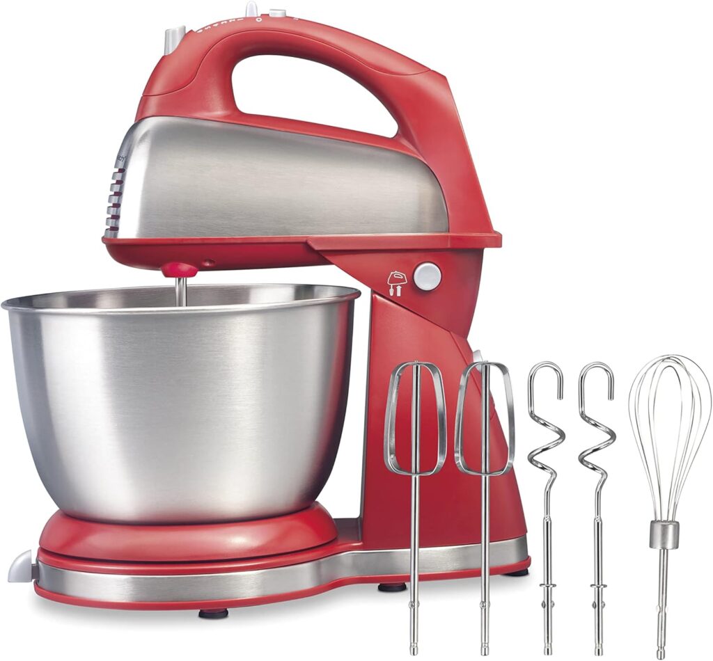 Hamilton Beach Classic Stand and Hand Mixer, 4 Quarts, 6 Speeds with QuickBurst, Bowl Rest, 290 Watts Peak Power, Red (64654)