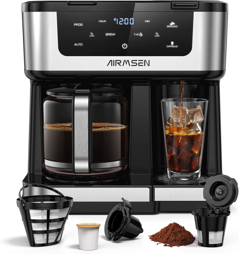 AIRMSEN 12-Cup Programmable Coffee Maker – Single Serve Machine for K-Cup Pods & Ground, 1000W Fast Brew, Delay Start, 2H Keep Warm, Touchscreen, 60oz Tank, Glass Carafe – Home & Office