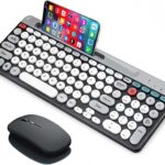 Wireless Keyboard and Mouse Combo with Phone Tablet Holder, Rechargeable Dual-Mode (Bluetooth 5.0 and 3.0 +2.4G) Multi-Device Silent Mouse for Windows, iPad, Tablet, MacOS,iOS,Android (White+Grey)