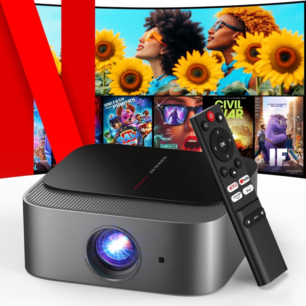 [2025 Netflix-Licensed | 386+ Built-in Apps] DBPOWER E2 Smart Projector with WiFi and Bluetooth, Mini Projector 4K Support with Netflix, Youtube, Disney+, Hulu, Max, Crunchyroll w Portable Case