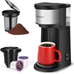 K Cup Coffee Maker, Single Serve coffee machine or Ground Coffee Machine 2 in 1, 6 to 14 Oz Brew Sizes, Mini One Cup Coffee Maker with Self cleaning Function, Fits Travel Mug (Black)
