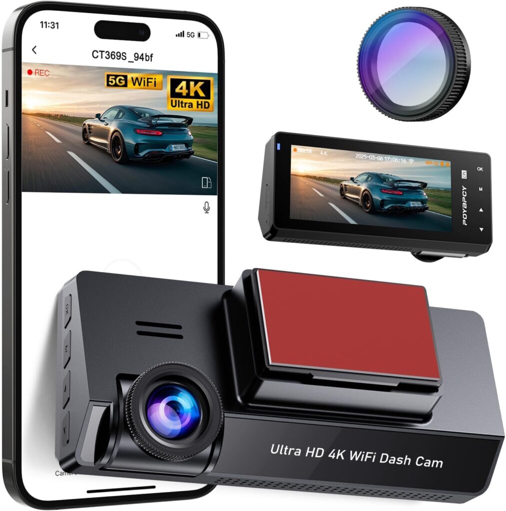 Dash Cam Front 4K Built-in 5GHz WiFi with CPL, Dash Camera for Cars with 64GB SD Card, App Control, 3.69″ IPS Screen Dashcam with UHD 2160P, Night Vision, Loop Recording, Parking Mode, 170°Wide Angle