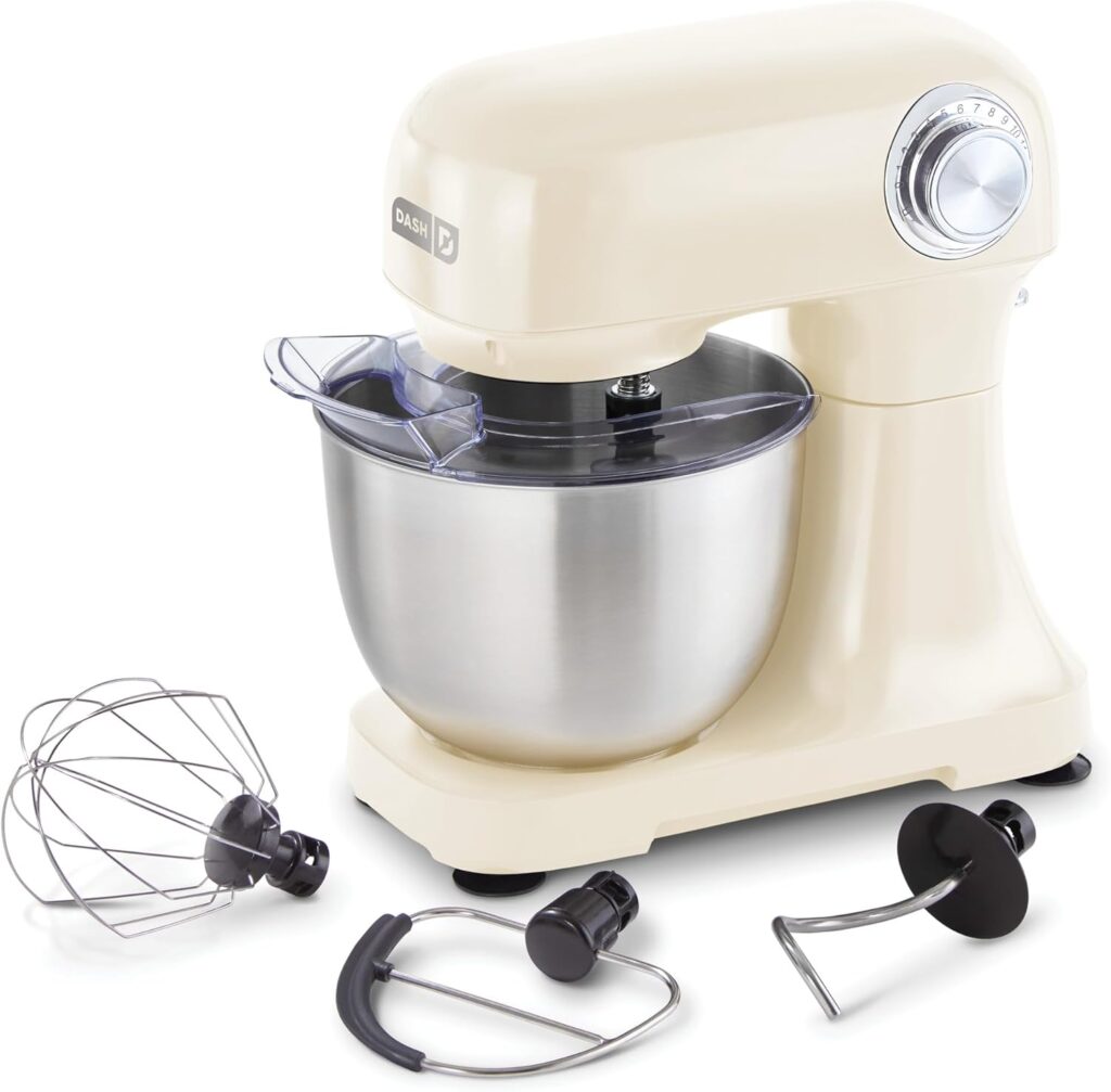 DASH Tilt-Head 3.5qt Stand Mixer 12 Speeds with Paddle, Dough Hook, and Whisk Attaachments – Cream