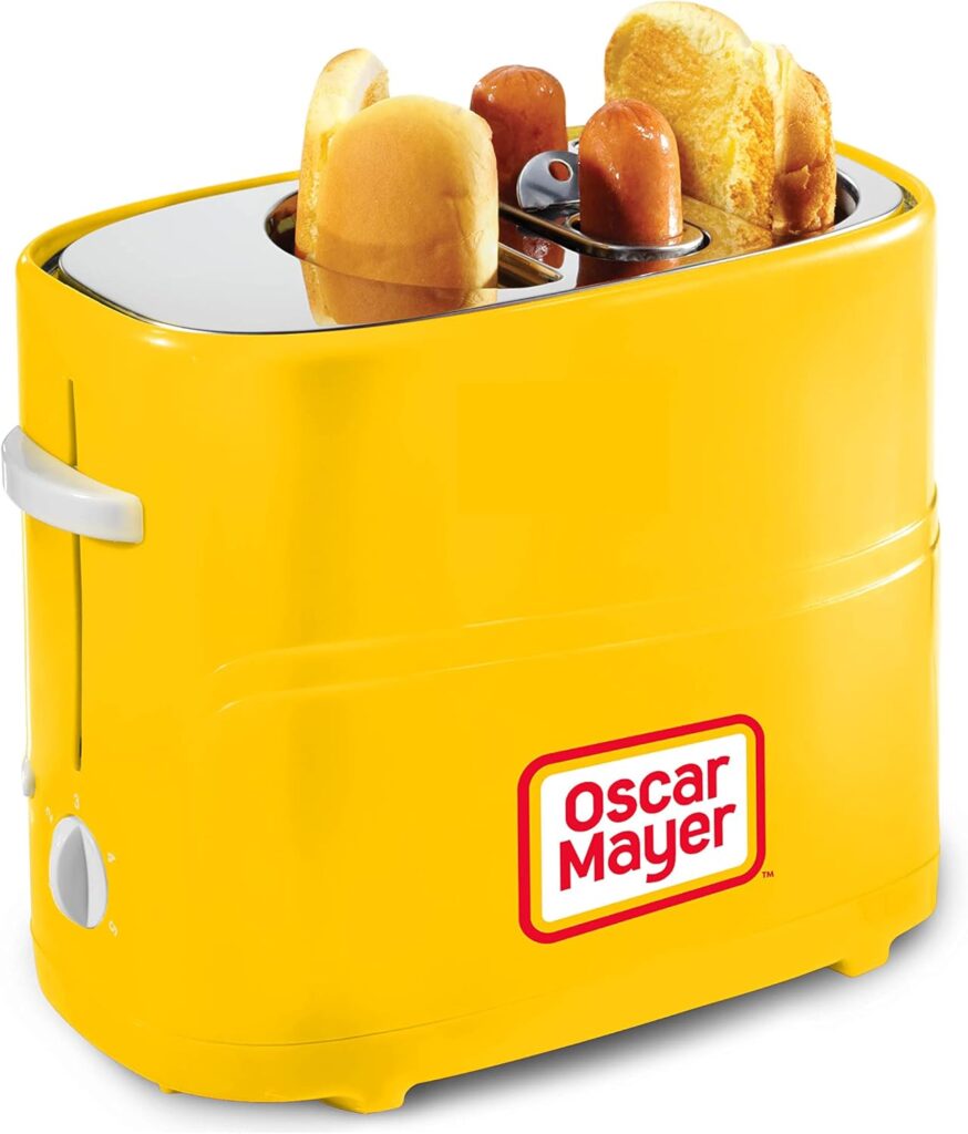 Oscar Mayer 2 Slot Hot Dog and Bun Toaster with Mini Tongs, Hot Dog Toaster Works with Chicken, Turkey, Veggie Links, Sausages and Brats, Yellow