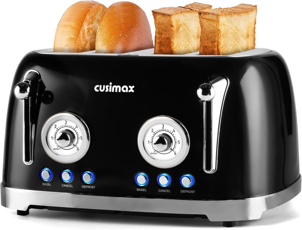 CUSIMAX Toaster 4 Slice, Retro Toaster with Wide Slots for Bagels, Stainless Steel toaster with 6 Toast Settings, Bagel, Cancel, Defrost & Reheat Functions, Dual Independent Control Panels, Black
