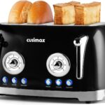 CUSIMAX Toaster 4 Slice, Retro Toaster with Wide Slots for Bagels, Stainless Steel toaster with 6 Toast Settings, Bagel, Cancel, Defrost & Reheat Functions, Dual Independent Control Panels, Black