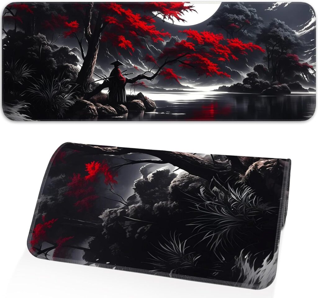 Japanese Dark Red Moon Gaming Mouse Pad, Extended Mouse Pad with Non-Slip Base, Full Keyboard Pad with Stitched Edges, Large Desk Pad for Gaming, Office, Home 31.5 x 11.8 Inch
