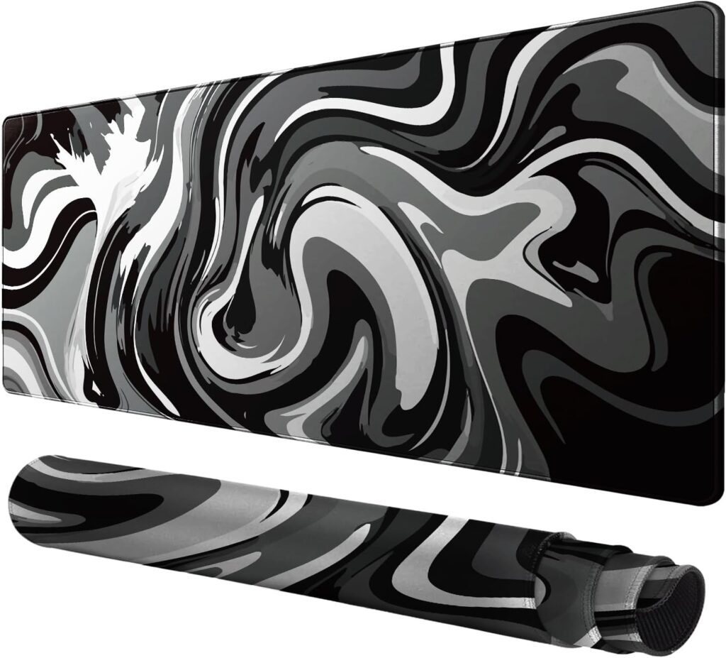 Large Gaming Mouse Pad – Black and White Mouse Pad with Stitched Edges, Extended XL Mousepad with Anti-Slip Rubber Base, Ink Liquid Wave Desk Mat for Keyboard and Mouse(31.5×15.8 inch)