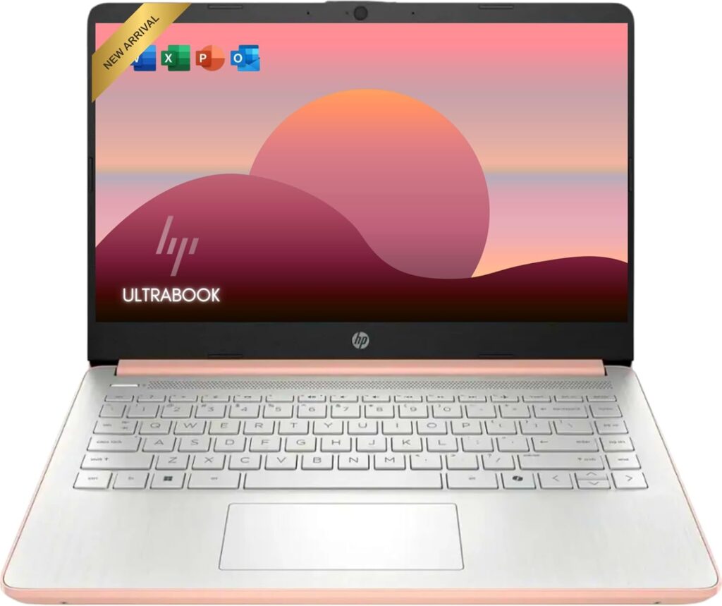 HP Rose Gold Ultrabook 14 Laptop with Office 365, Intel 4-Core CPU, 1.1TB Storage (1TB OneDrive and 128GB Emmc), 8GB RAM, Windows 11, No Mouse
