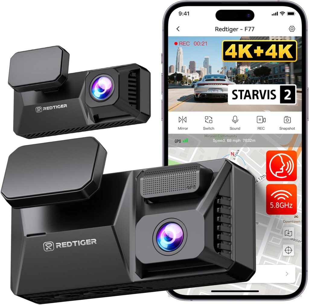 REDTIGER F77 4K+4K Dash Cam Front and Rear, Dual STARVIS 2 IMX678 HDR, Built-in 128GB eMMC, Voice Control Dash Camera for Cars with 5.8GHz WiFi, 4” Touch Screen, GPS, Night Vision, 24H Parking Mode