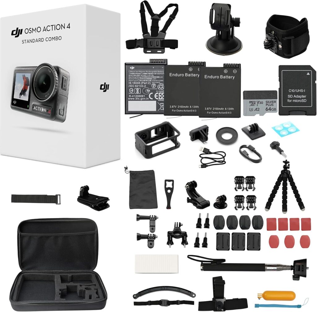 DJI Osmo Action 4 Standard Combo with 50 Piece Accessory Kit + 2 Extra Batteries + 64GB Card, 4K/120fps Waterproof Action Camera with a 1/1.3-Inch Sensor, Long-Lasting 160 Mins, Outdoor Camera