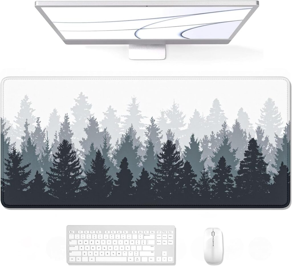 Auhoahsil Large Gaming Mouse Pad, Forest Theme XXL 35.4 x 15.7 in Desk Pad Stitched Non-Slip Rubber Long Computer Mousepad Thin Extended Full Size Desk Mat for Desktop, Laptop, Wireless Mice, White
