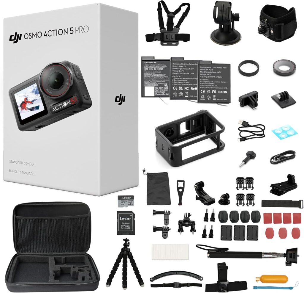 DJI Osmo Action 5 Pro Standard Combo,with 58 Piece Accessory Kit and 2 Extra Batteries + 64GB Card – Waterproof Action Camera with 1/1.3″ Sensor, 4K/120fps Video, Action Camera 4K Ideal for Sports