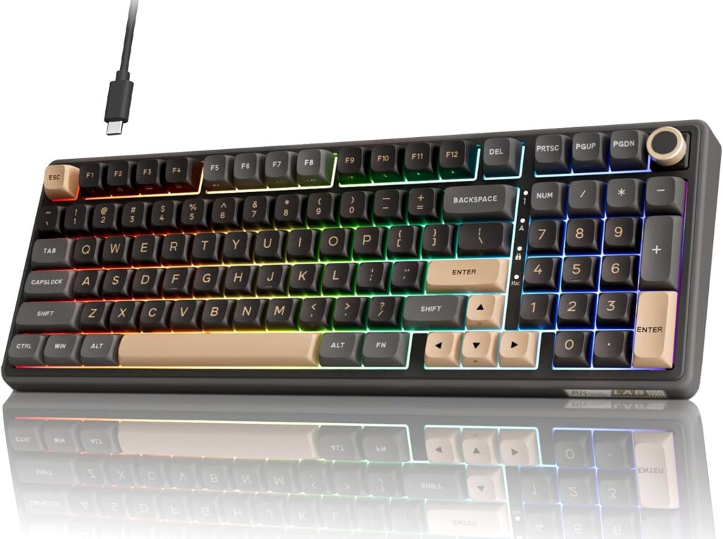 RK ROYAL KLUDGE R98 Pro Wired Mechanical Keyboard, 96% Creamy Gaming Keyboard RGB Backlit with Number Pad and Volume Knob, Gasket Mount, MDA Profile PBT Keycaps, Hot Swappable Pre-lubed Linear Switch