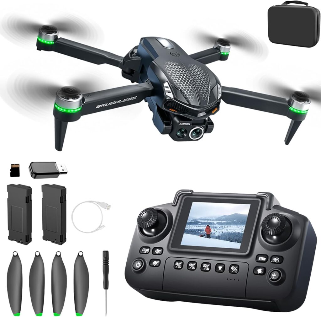 S168 Drone with Screen Controller, Brushless Motor, Altitude Hold, One Key Take Off/Landing, Active Obstacle Avoidance, Black Carrying Case, Two-batteries.