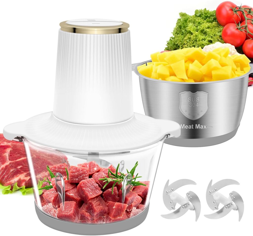 Food Processor, 2 Speed Meat Grinder Electric Food Chopper with 2 Bowls (8 Cup+8 Cup), 4 Bi-Level Blades Mini Kitchen Cutter for Vegetable, Onion, Garlic, Meat, Nuts, and Baby Food (300W White-2L)