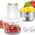 Food Processor, 2 Speed Meat Grinder Electric Food Chopper with 2 Bowls (8 Cup+8 Cup), 4 Bi-Level Blades Mini Kitchen Cutter for Vegetable, Onion, Garlic, Meat, Nuts, and Baby Food (300W White-2L)