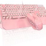 Typewriter Mechanical Gaming Keyboard and Mouse Combo, Retro Punk Round Keycaps RGB Rainbow Backlit Wired Keyboard for Game and Office, for Windows Laptop PC, Red Switches(Pink)