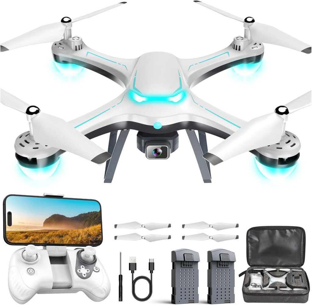 Drone with 1080P Camera for Beginners, Remote Control Quadcopter with Gestures Selfie, Altitude Hold, One Key Start, 3D Flips, 2 Batteries, Toy for Beginners, White