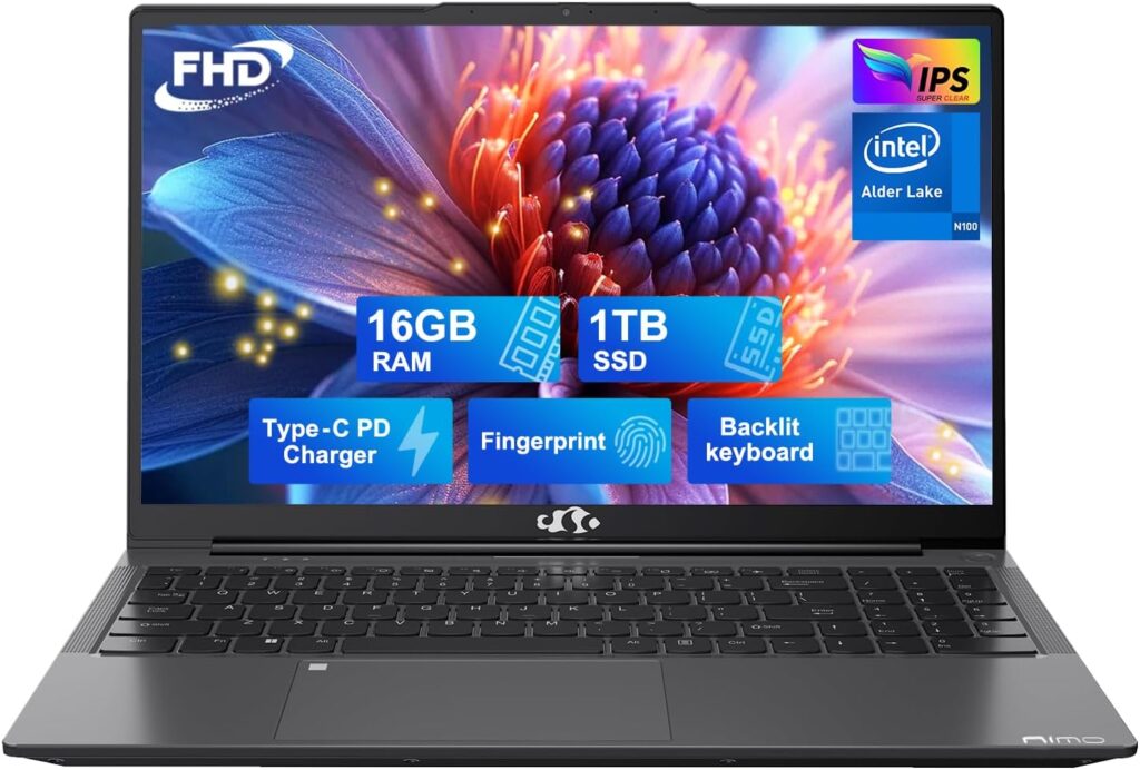 NIMO 15.6 IPS FHD-Laptop, 16GB RAM 1TB SSD Intel Pentium Quad Core N100, Computer with Backlit Keyboard Fingerprint (Beat to i3-1115G4 Up to 3.4GHz) Laptops for Student, Win 11 Gray