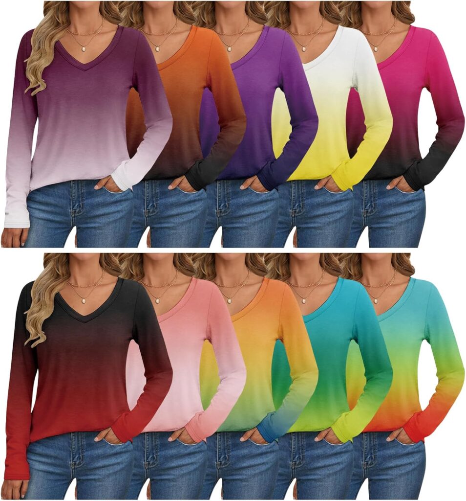 Women’s Long Sleeve T Shirt Gradient V Neck Pullover Comfy Casual Tops Early Fall Fashion Clothes Pack of 10