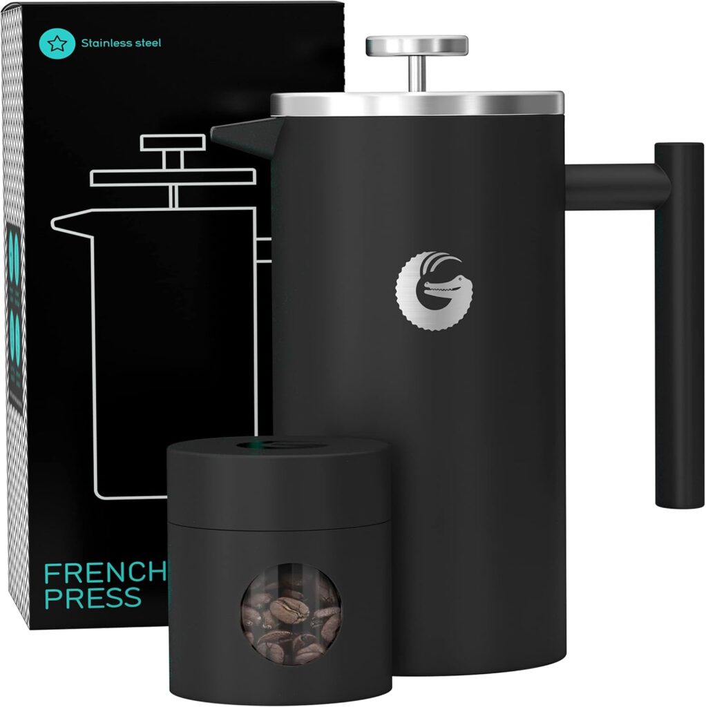 Coffee Gator French Press Coffee Maker 34oz, Double Insulated Stainless Steel Brewer plus Travel Jar Canister, Portable Hot Cold Brew Tea Cafetera for Coffee Bar Accessories Kitchen Camping, Black