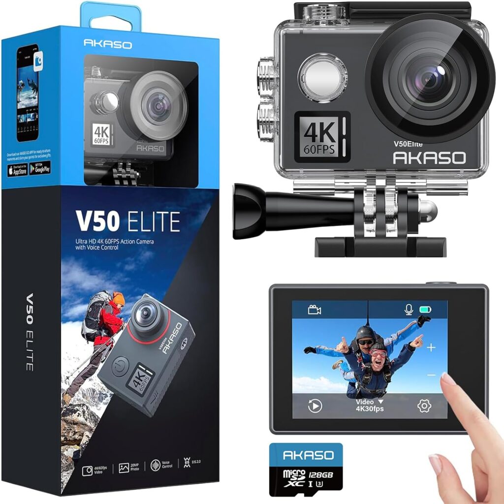 AKASO V50 Elite 4K60fps Action Camera with 128GB MicroSDXC U3 Memory Card Accessories Kit Bundle Voice Control EIS 131 feet Waterproof Camera 8X Zoom Remote Control