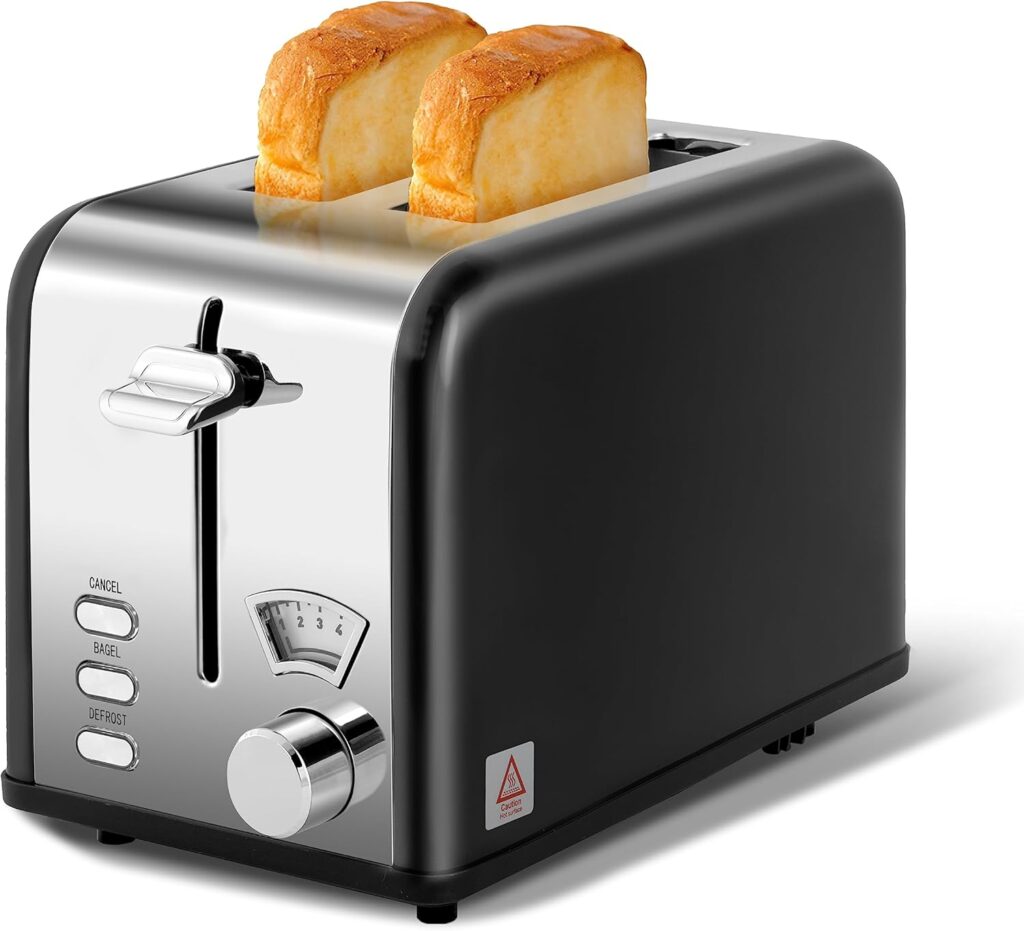 YSSOA 2-Slice Toaster with Extra Wide Slot & Removable Crumb Tray, 5 Browning Setting and 3 Function: Bagel/Defrost/Cancel, Retro Stainless-Steel Style, for Bread & Waffle, Black