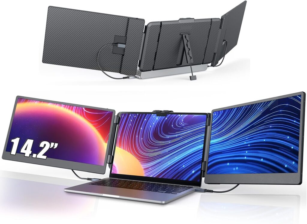 14” Screen Extender Portable Laptop Plug-play, 1080P IPS Laptop Monitor Extender Built-in Speaker, HDMI/USB-A/Type-C Triple Monitor for 13”-17.3” Laptops, Work with Mac, Windows, Chrome, Switch