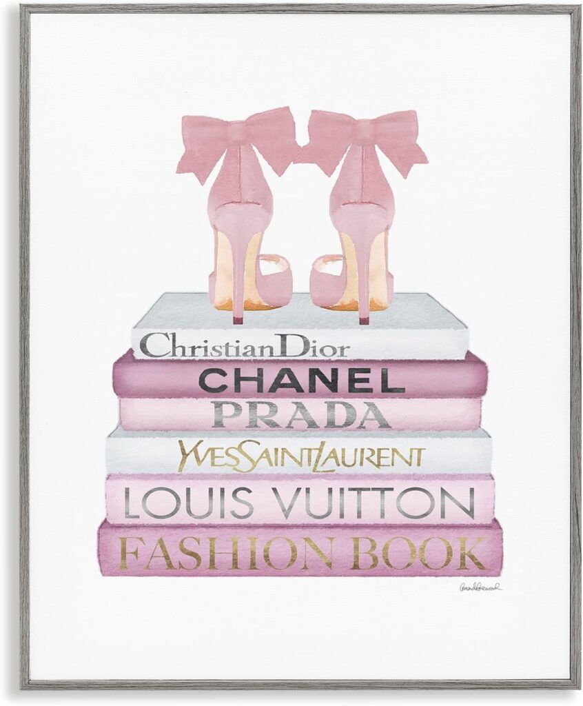 Stupell Industries Fashion Designer Shoes Bookstack Pink White Watercolor, Design by Amanda Greenwood Gray Framed Wall Art, 11 x 14