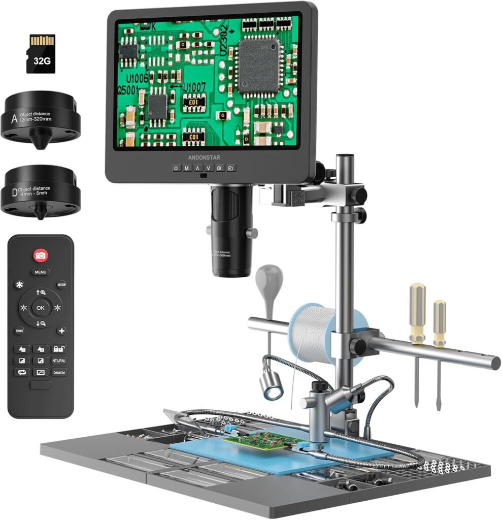 Andonstar AD249S-M Plus 10.1” HDMI Soldering Digital Microscope for Electronics Repair, 2000x 3 Lens 2160P UHD Video Record, Soldering Microscope Station with Helping Hands, Slides, 32GB Card