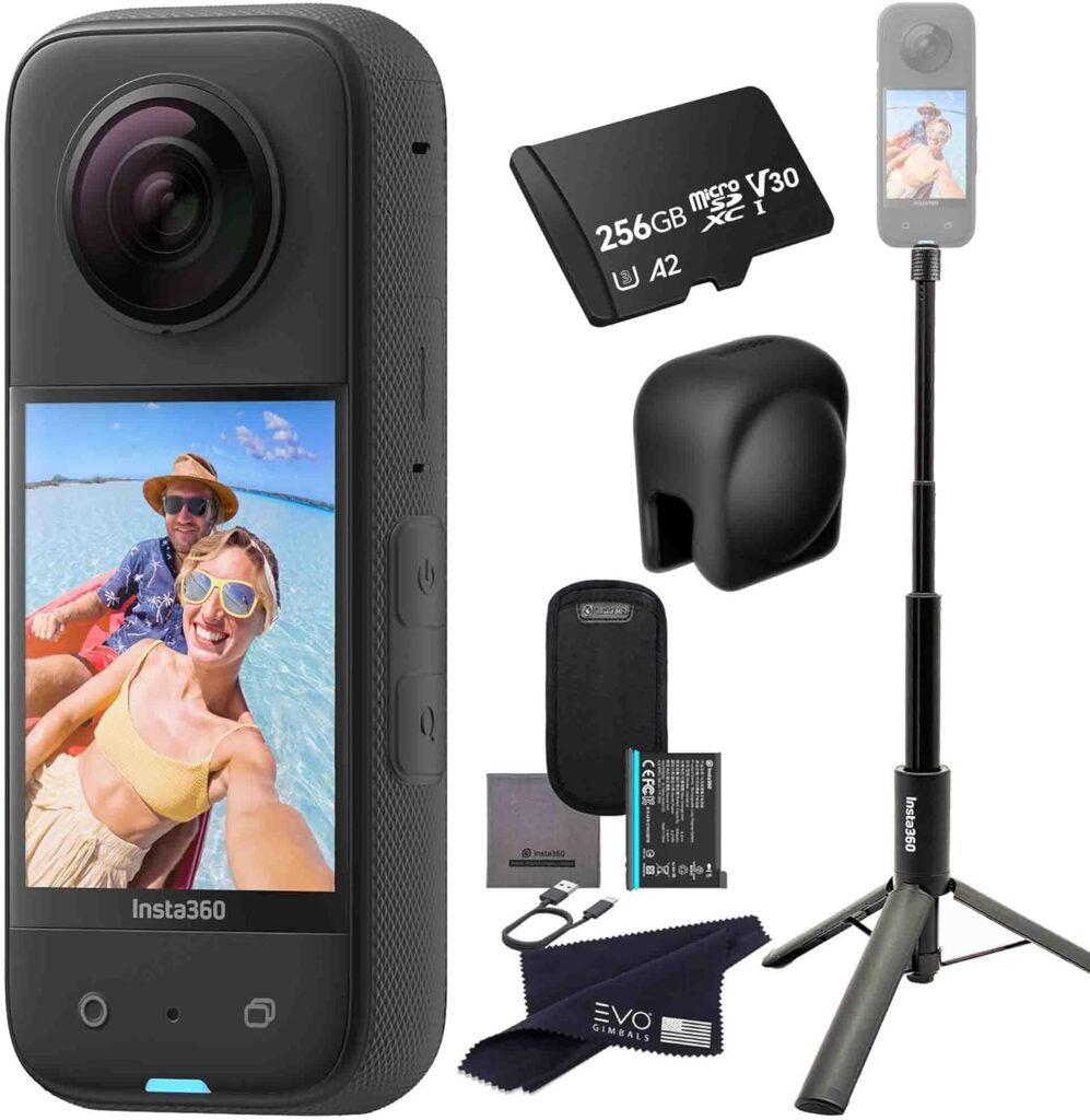 Insta360 X3 Tripod Selfie Stick Bundle- Waterproof 360 Action Camera with 1/2″ 48MP Sensors, 5.7K 360 HDR Video, 72MP 360 Photo, 2.29″ Touchscreen|Bundle Includes 2-in-1 Selfie Stick, Lens Cap&256GB