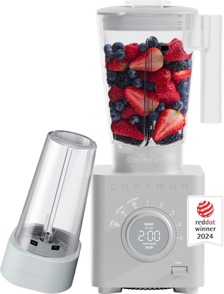 Chefman Obliterator 48 oz Countertop Blender for Smoothies, 1380W Motor to Crush Ice, Nuts, and Frozen Fruit with Stainless Steel Blade, Auto Blend Function, Includes 20 oz Travel Jar – Concrete