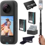 Insta360 X3 Battery Bundle- Waterproof 360 Action Camera Bundle Includes Extra 2 Batteries, Charger, Invisible Selfie Stick & 128GB Memory Card