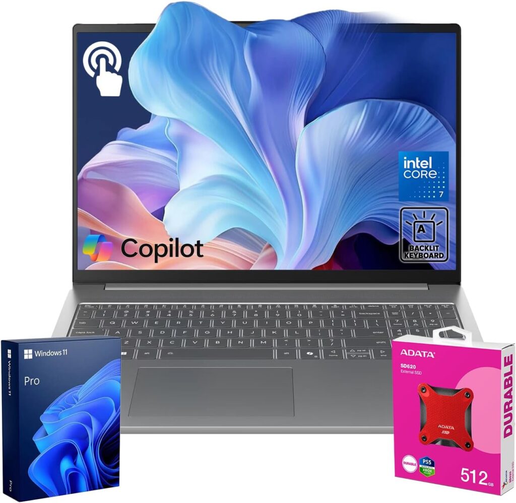 Lenovo 2025 IdeaPad Slim Business AI-Powered Laptop, 16″ WUXGA Touchscreen, Intel Core 7 240H, 16GB DDR5 RAM, 1TB SSD, Copilot, Webcam, Backlit, Wi-Fi 6, W11P, Bundle with ADATA 512GB External SSD