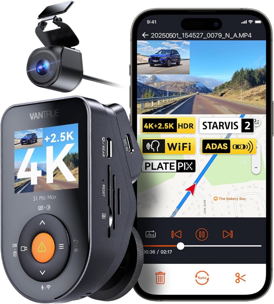 Vantrue S1 Pro Max AI Dash Cam 4K+2.5K with ADAS, Dual STARVIS 2 Dash cam Front and Rear, 2 Channel HDR Dashcam, PlatePix Night Vision, 5G WiFi, Voice Control, GPS, 24H Buffered Parking Mode, 1TB Max