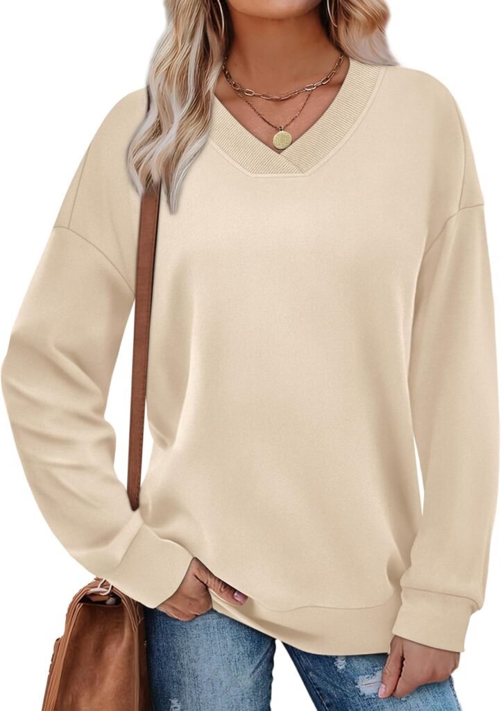 WIHOLL Sweatshirt for Women V Neck Sweaters Long Sleeve Shirts Fall Clothes Ribbed Collar 2025 Trendy Fashion