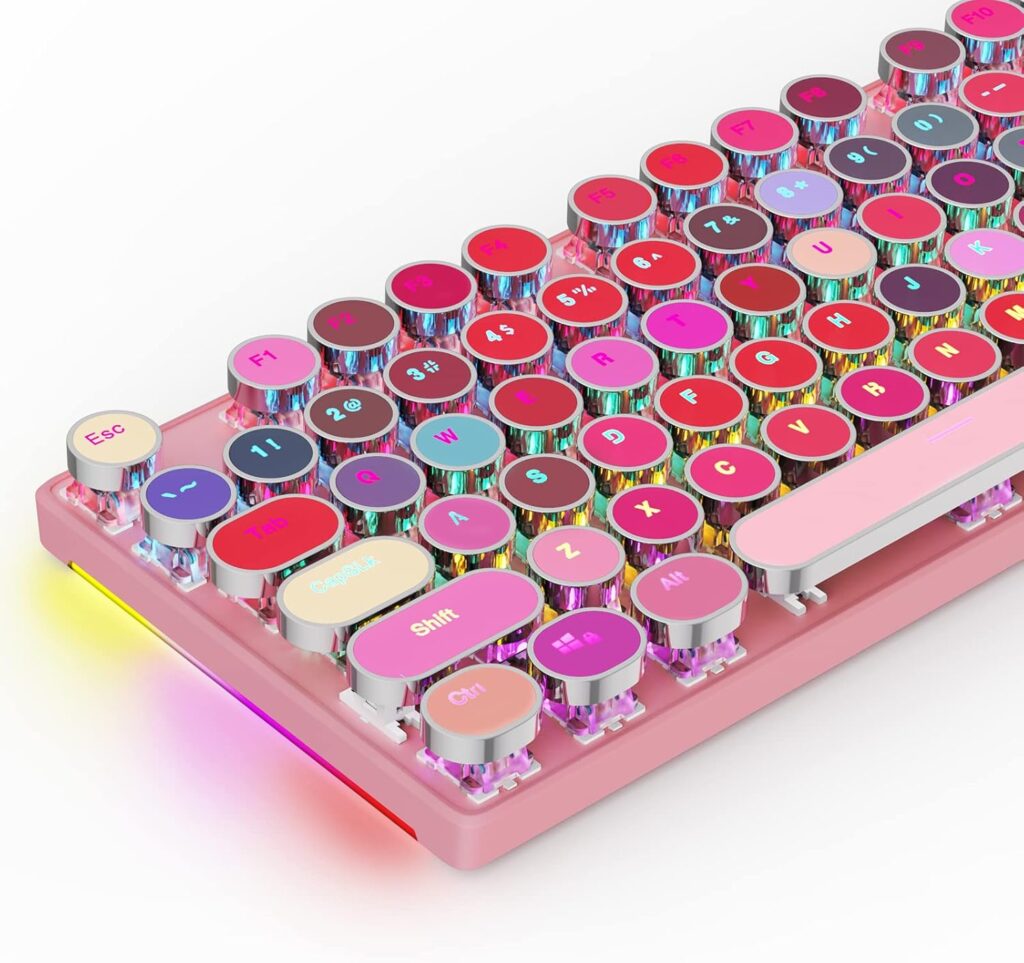 HUO JI Mechanical Gaming Keyboard Typewriter Style with RGB Side Lit and Rainbow Backlit, Retro Style, Blue Switches – Clicky, Metal Panel, Lipstick 104 Keys USB Wired for Mac, PC, Cute Pink