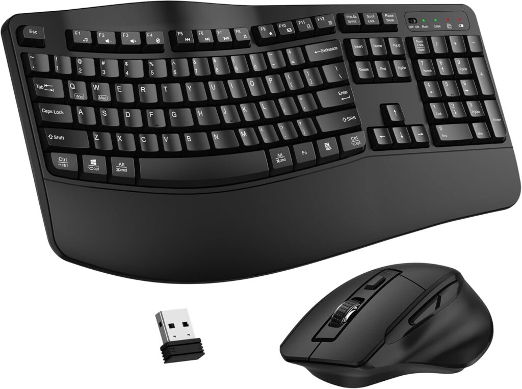 Wireless Keyboard and Mouse Combo, 2.4G Full Size Wave Keys Ergonomic Keyboard with Wrist Rest and 3-Level DPI Adjustable Wireless Ergonomic Mouse for Windows, Mac OS Desktop/Laptop/PC(Black)