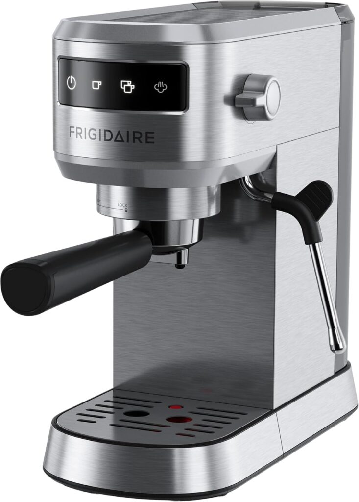 Frigidaire Steam Espresso Maker, Coffee Machine with Milk Frother & Cup Warmer, 20 Bar Pressure, 34 oz Removable Water Tank, Single or Double Shot, Stainless Steel