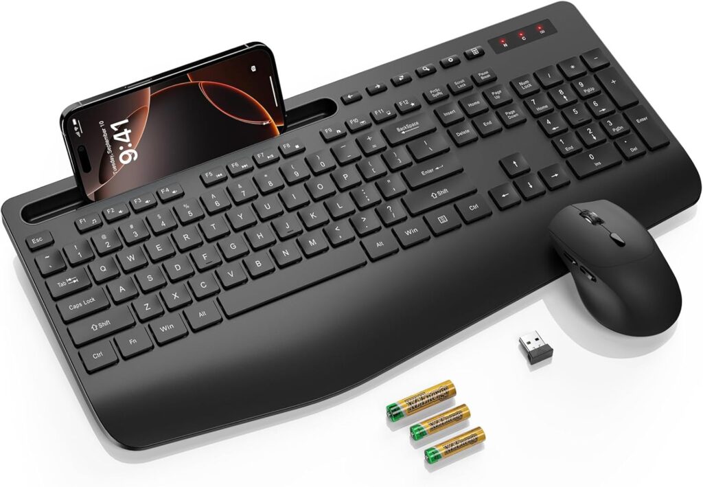 SABLUTE Wireless Keyboard and Mouse Combo – Full Size Ergonomic Wrist Rest, Silent Typing, Phone Holder, 2.4 GHz, 3 Level DPI, Batteries Powered, Compatible with PC, Laptop, Windows, macOS