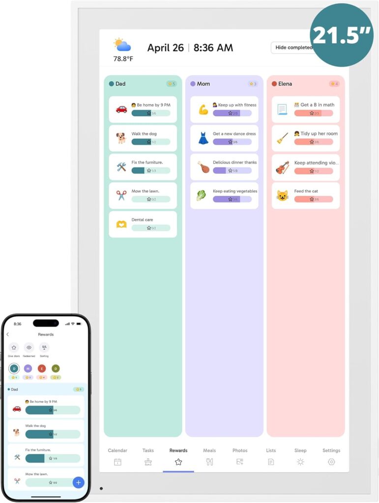 Digital Calendar 21.5 Inch Touch Screen, Electronic Wall Calendar Chore Chart for Family Monthly/Weekly Planner, Interactive Display Smart Calendar for Home Organization, Desk Mount Included – White