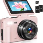Digital Camera for Photography, 4K Vlogging Camera for YouTube 3″ 180° Flip Screen 18X Digital Zoom Compact Cameras with 32GB TF Card & 2 Batteries, Pink