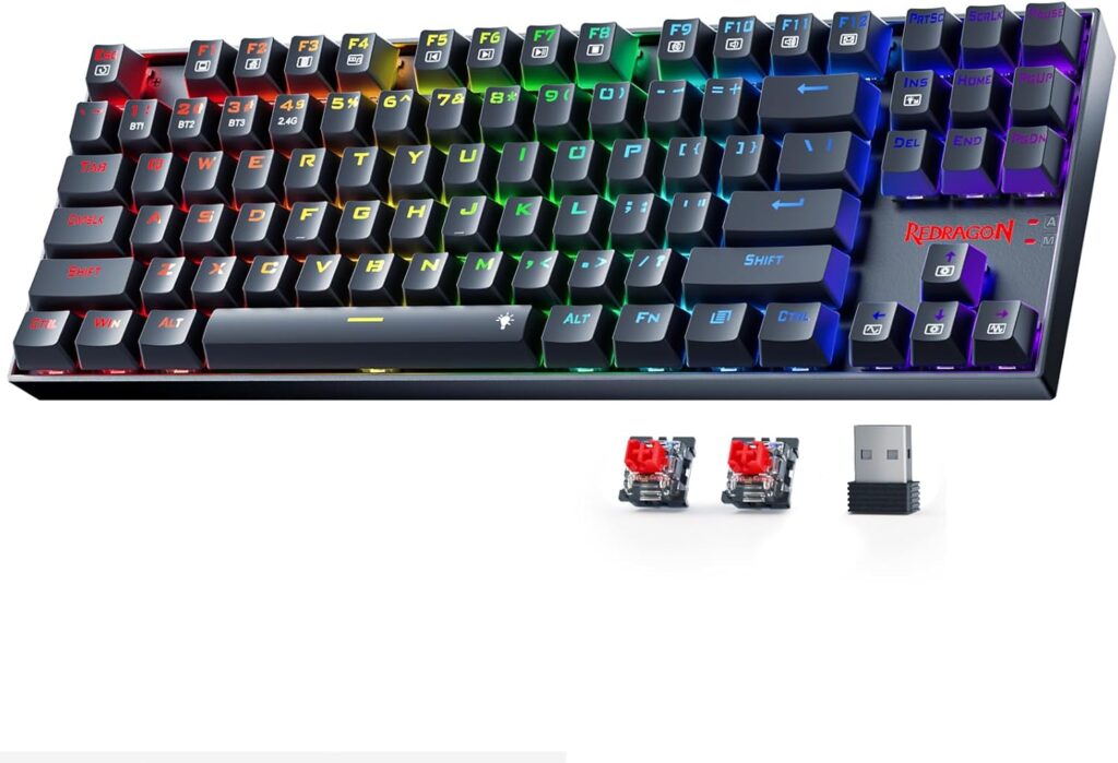 Redragon Wireless Gaming Keyboard, BT/2.4Ghz Tri-Mode Mechanical Keyboard with Aluminum Pannel, Hot-Swap Red Switch, Programmable 87 Keys TKL, LED Rainbow Backlit – K552-KRS