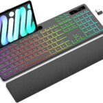 Wireless Keyboard with 7 Colors & 4 Modes RGB Backlit, Ergonomic Keyboard with Wrist Rest, Phone Tablet Holder, 2.4G Light Up Computer Keyboard with Numeric Keypad for Mac, Windows