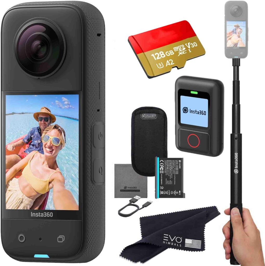Insta360 X3 Remote Bundle- Waterproof 360 Action Camera with 1/2″ 48MP Sensors, 5.7K 360 HDR Video, 4K Single-Lens, 2.29″ Touchscreen, AI Editing |Bundle Includes Selfie Stick,GPS Action Remote&128GB