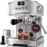 Neretva Espresso Machine, 58mm Professional Espresso Coffee Machine 15 Bar Retro Espresso Maker with Powerful Milk Frother & Visible Pressure Gauge for Home Barista Latte and Cappuccino Maker-Silver