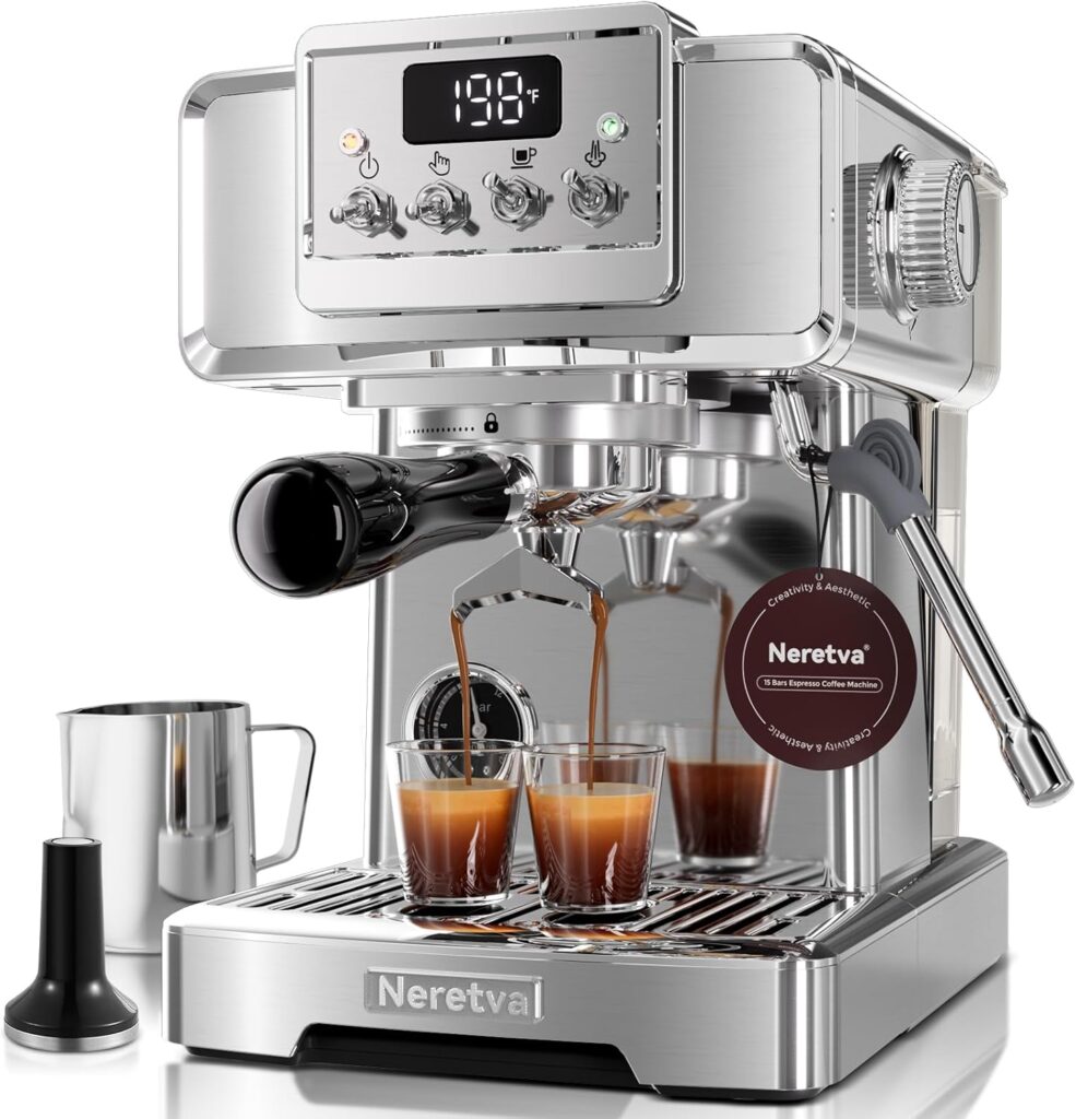 Neretva Espresso Machine, 58mm Professional Espresso Coffee Machine 15 Bar Retro Espresso Maker with Powerful Milk Frother & Visible Pressure Gauge for Home Barista Latte and Cappuccino Maker-Silver