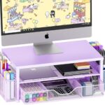 Desk Organizers and Accessories, 2-Tier Computer Monitor Stand Riser with Drawer and 2 Pen Holders, Laptop Stand, Office Desk Accessories for Office Supplies, Purple