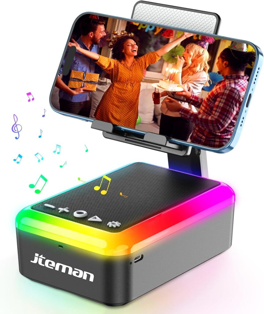 JTEMAN Gifts for Men Women, Cell Phone Stand with Bluetooth Speaker and Light, Portable Lanyard, Cool Tech Gifts for Dad Mom Husband, Unique Birthday Gift Ideas Black